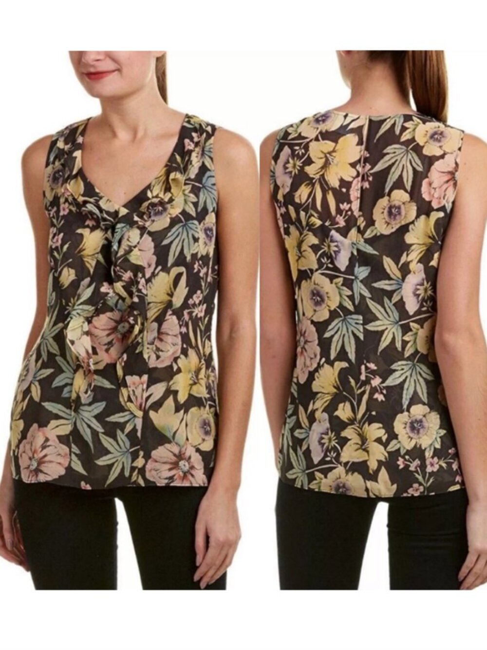 CABI Ruffle Tank Osaka Nights Gray Pastel Green Pink Floral Sleeveless Blouse XS